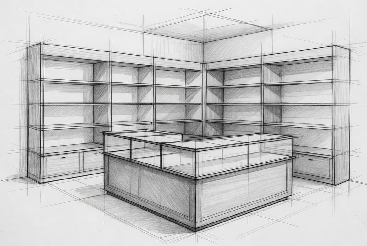 Design sketch — shop shelving and glazed counter