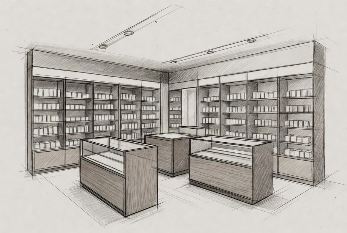 Design sketch — shop interior with showcases and wall units