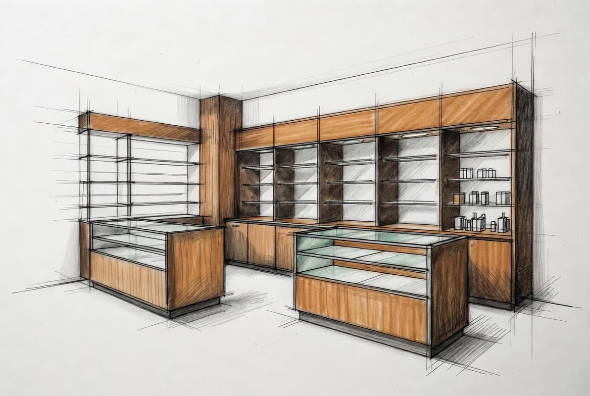 Design sketch — modern shop fitting in warm wood
